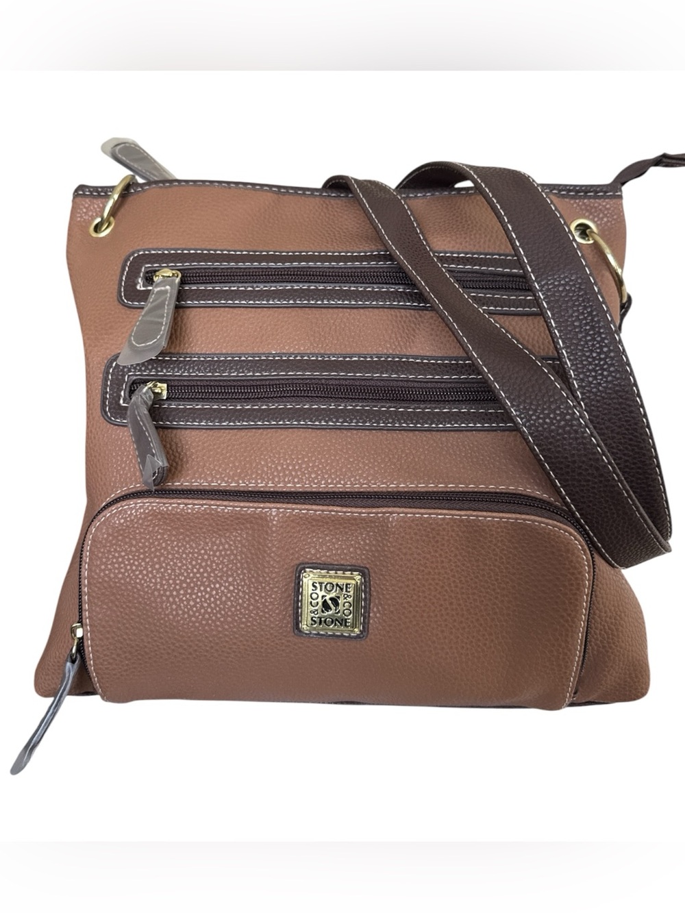 Stone & Co Bonded Leather Crossbody Bag Cognac Brown Multi Zip Purse NWT